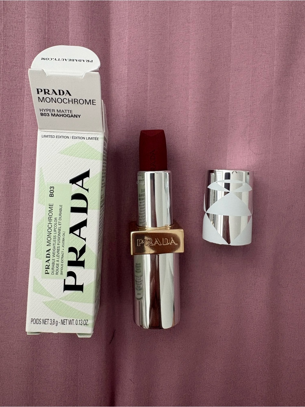 Prada Monochrome Hyper Matte Lipstick B03 Mahogany - Deep Burgundy